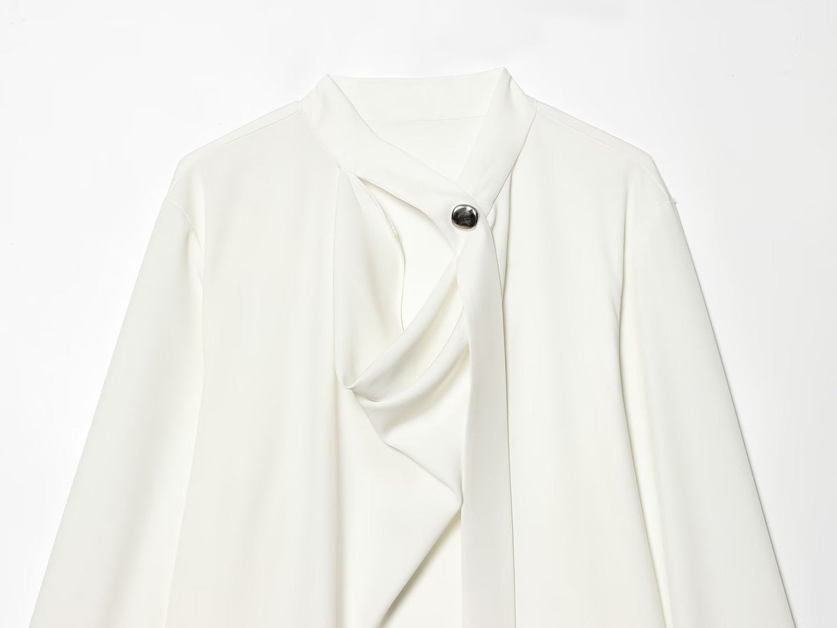 Women's lace up collar pleated shirt