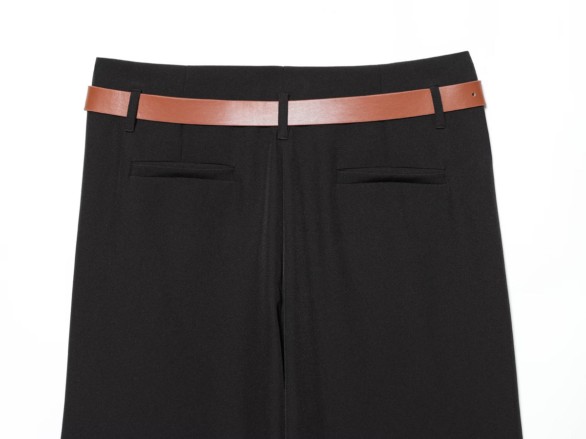 Women's casual high waisted straight leg rolled edge pants